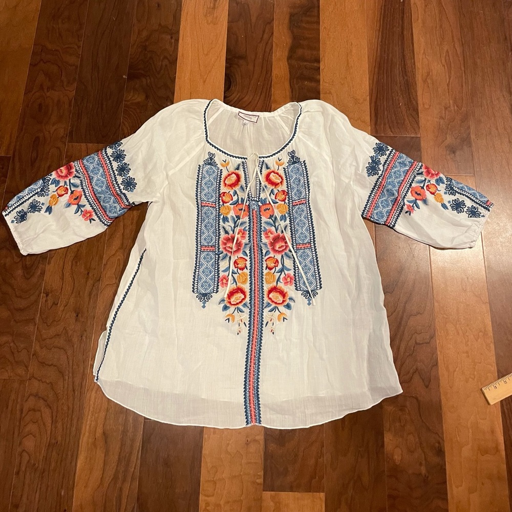 Johnny Was Cream Blouse with Blue and Red Embroidery